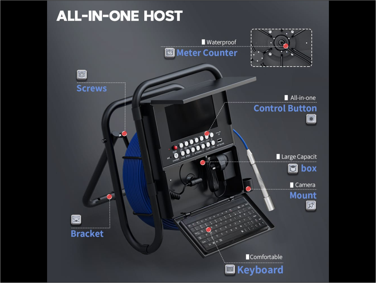 Professional Drain Pipe/Sewer Pipeline Inspection Camera is designed with a 9 inch es color IPS LCD monitor with a sun-visor for outdoor inspections. The material of wire is fiberglass rod(diameter: 5MM),anti-corrosion/cold/tensile